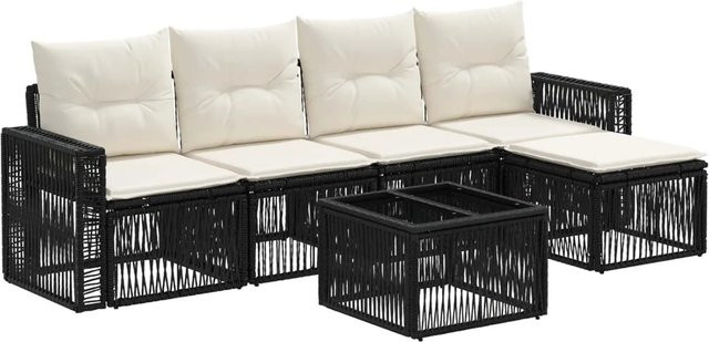 vidaXL Gartensofa-Set 6-teilig in Schwarz und Cremeweiß aus Poly-Rattan mit L-Form, Polsterung und Couchtisch für Garten und Terrasse - Bild 1