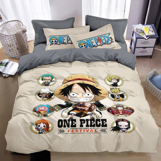Japanisches Anime One Piece Bettwäsche-Set mit Luffy Motiv in Multicolor, bestehend aus Bettbezug und Kissenbezügen, Breite: 140 cm, Länge: 210 cm - Bild 1