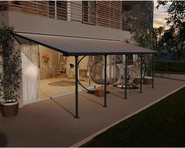 Palram Canopia Feria Terrassenüberdachung Anthrazit mit integrierten Regenrinnen und Verankerungsstangen B: 850 cm, T: 295 cm, H: 260-305 cm - Bild 1