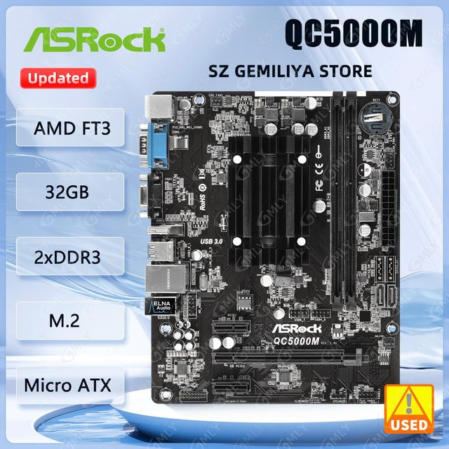 ASRock QC5000M Micro-ATX Motherboard mit AMD Radeon HD 8330 Grafik, AMD FT3 Kabini A4-5050/5000 Quad-Core APU und DDR3 Unterstützung in Schwarz - Bild 1
