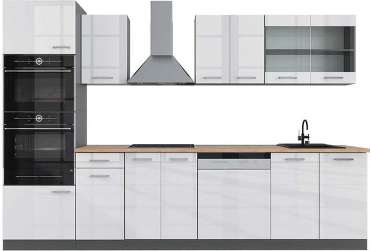 Vicco Küchenzeile R-Line Modern in Weiß Hochglanz und Anthrazit mit Hochschrank, Breite: 300 cm - Bild 1