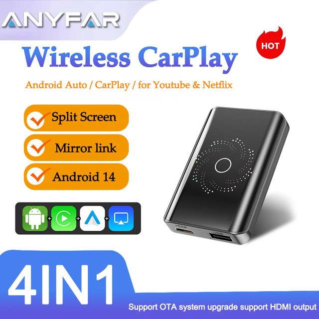 EzoneTronics Android 14 CarPlay AI Box Kabelloser CarPlay und Android Auto Adapter mit Spiegelteiler für YouTube und Netflix in Schwarz oder Weiß - Bild 1