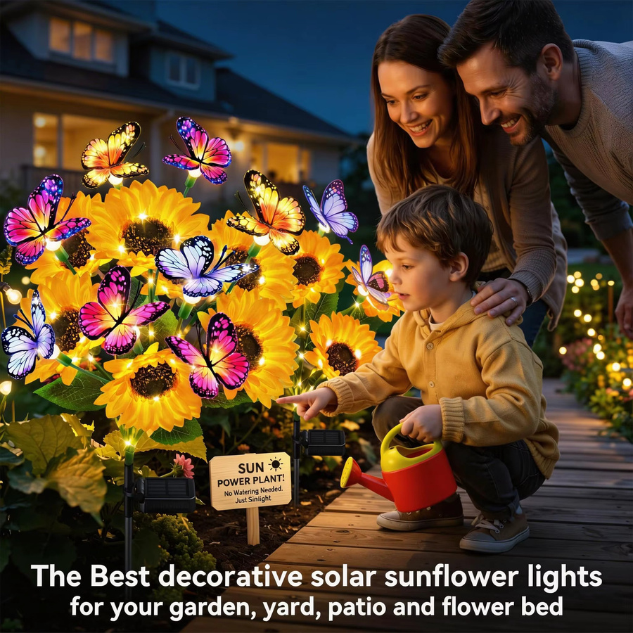 PUAIDA Solar Sonnenblumen Gartenlichter Set mit 16 Schmetterlingen, Wasserdichte Solar Blumen Deko in Gelb für Garten und Rasen - Bild 7