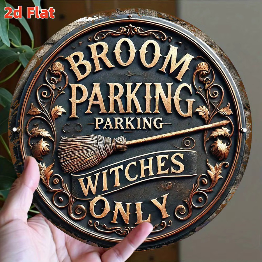 Potdemiel Halloween Wanddekoration Broom Parking for Witches rund aus Metall in Gold mit Vintage-Design, Durchmesser: 19,79 cm - Bild 4