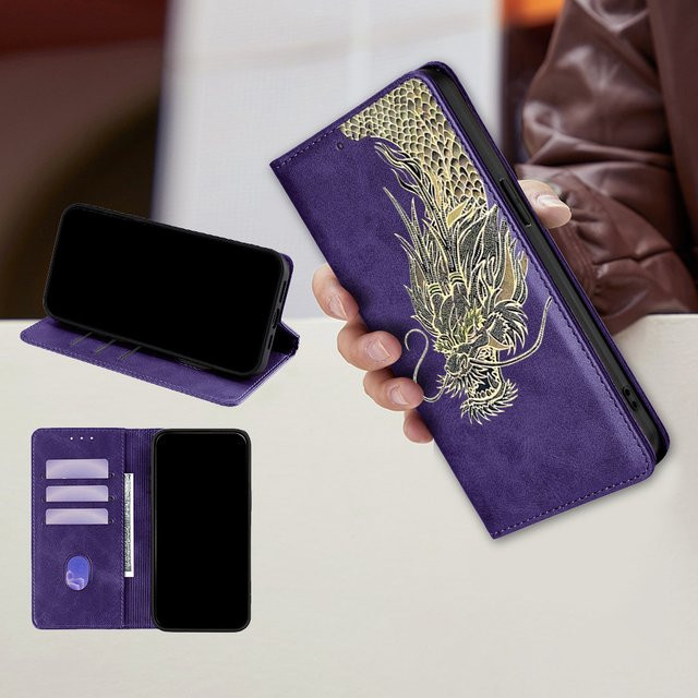 OPPO Smartphone Wallet Cover aus Leder mit Drachenmuster in Grün - Bild 1