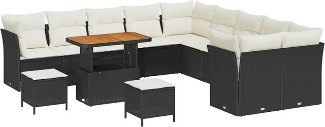 vidaXL Garten-Sofa-Set 13-teilig aus Poly-Rattan und Akazienholz in Schwarz-Creme mit Polsterung und Tisch in U-Form - Bild 1