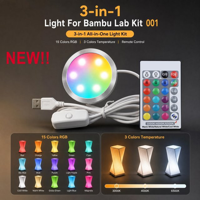 Sprouture Lab Hochleistungs-LED-Lampen-Kit 001 für BambuLab DIY-Modell-Hardware, 3-in-1 Licht-Kit für 3D-Drucker, warmweiß, weiß/mehrfarbig - Bild 1