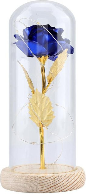 CosyHome Konservierte Rose mit LED-Licht in Glaskuppel und Holzsockel, Blau-Weiß - Bild 1