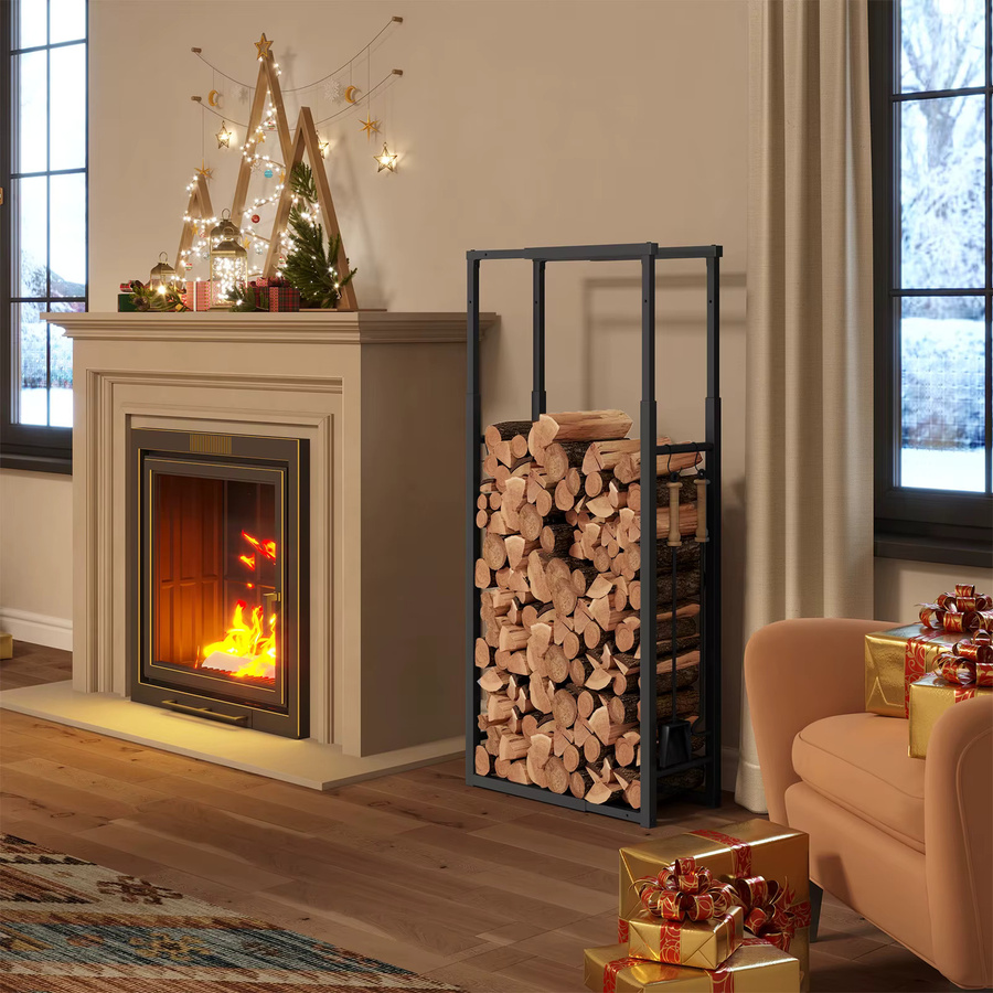 EUGAD Holzregalhalterungen für Innen- und Außenkamine aus Metall in Schwarz, verstellbares Brennholzregal mit 4 Haken, B/T/H: 150 x 65 x 25 cm - Bild 2