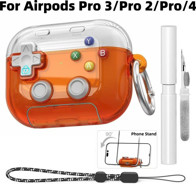 Apple AirPods Pro 4 und Pro 3 Schutzhülle im 3D-Gamer-Design mit Telefonständer-Funktion und sicherem Verschluss, transparent/orange - Bild 1