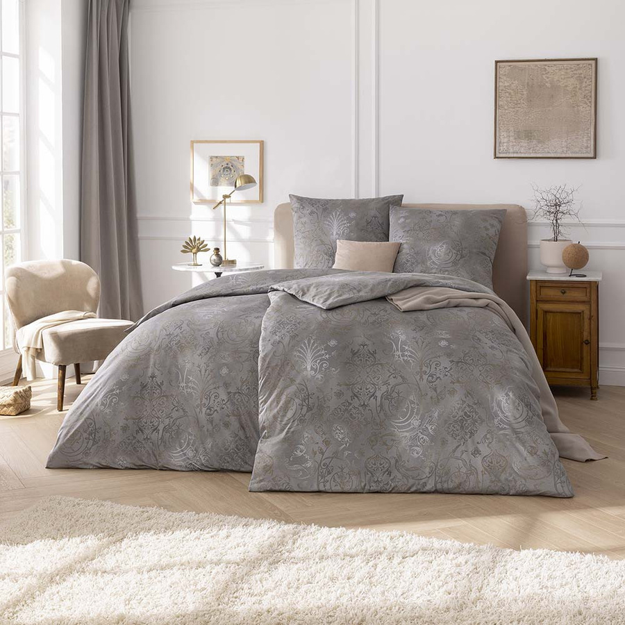 Estella Mako Jersey Bettwäsche Gregorio Ornamente Grau mit Bettbezug und Kissenbezug B/H: 135 x 200 cm, Kissen: 80 x 80 cm - Bild 1