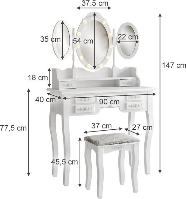 Vicco Schminktisch Diana in Weiß mit Hollywood-LED-Beleuchtung und Hocker, B/T/H: 90 x 40 x 147 cm - Bild 2