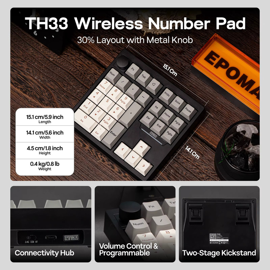 EPOMAKER TH33 Mechanisches Numpad mit QMK/VIA, Hot-Swap, Bluetooth, 2,4 G und Kabel, Schwarz/Grau - Bild 4