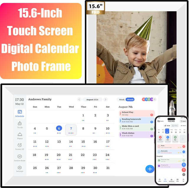 Digitaler Bilderrahmen mit 15,6 Zoll Touchscreen und Kalenderfunktion als intelligenter Organizer in Weiß - Bild 1