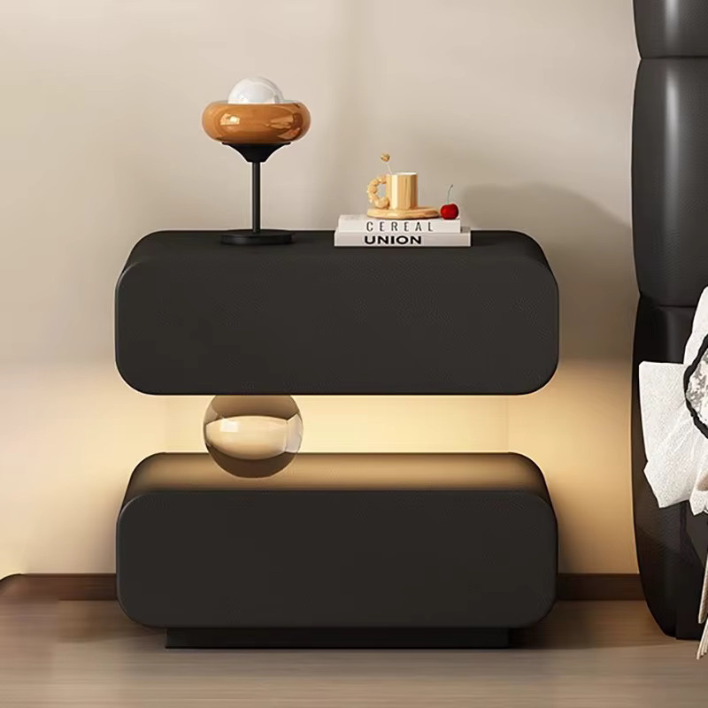 ANGDUO Moderner Runder Nachttisch mit integrierter Beleuchtung in Beige und Schwarz Matt - Bild 3