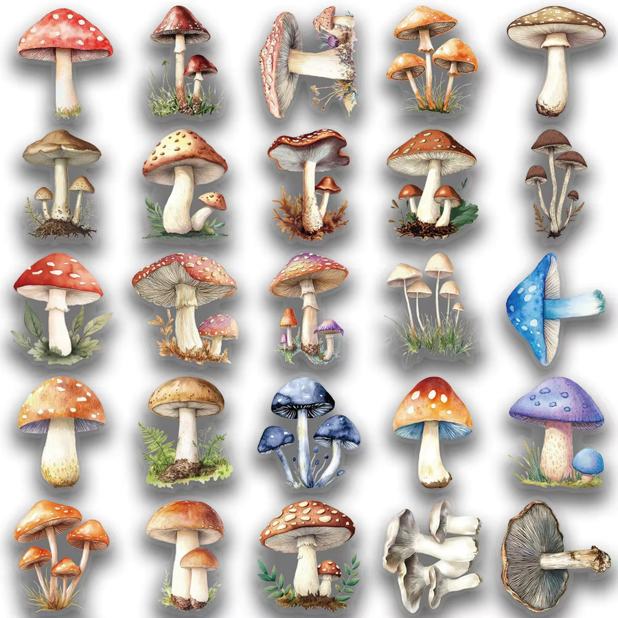 50 bunte Pilz Aufkleber aus wasserfestem PET zum Dekorieren von Handyhüllen, Notizbüchern und Thermosbechern, Multicolor - Bild 2