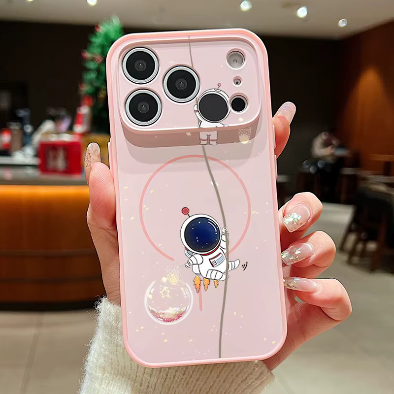 YISHANGOU Magnetische Handyhülle mit Cartoon-Astronauten-Druck für iPhone 17 Pro, 16, 15, 14, 13 Pro Max, MagSafe kompatibel, Farbe: Schwarz - Bild 2