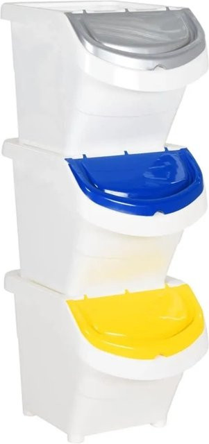 DELUKE 3er Set Stapelmülleimer mit Deckel, Weiß, 3x26L (Gesamtvolumen 78L) - Bild 1