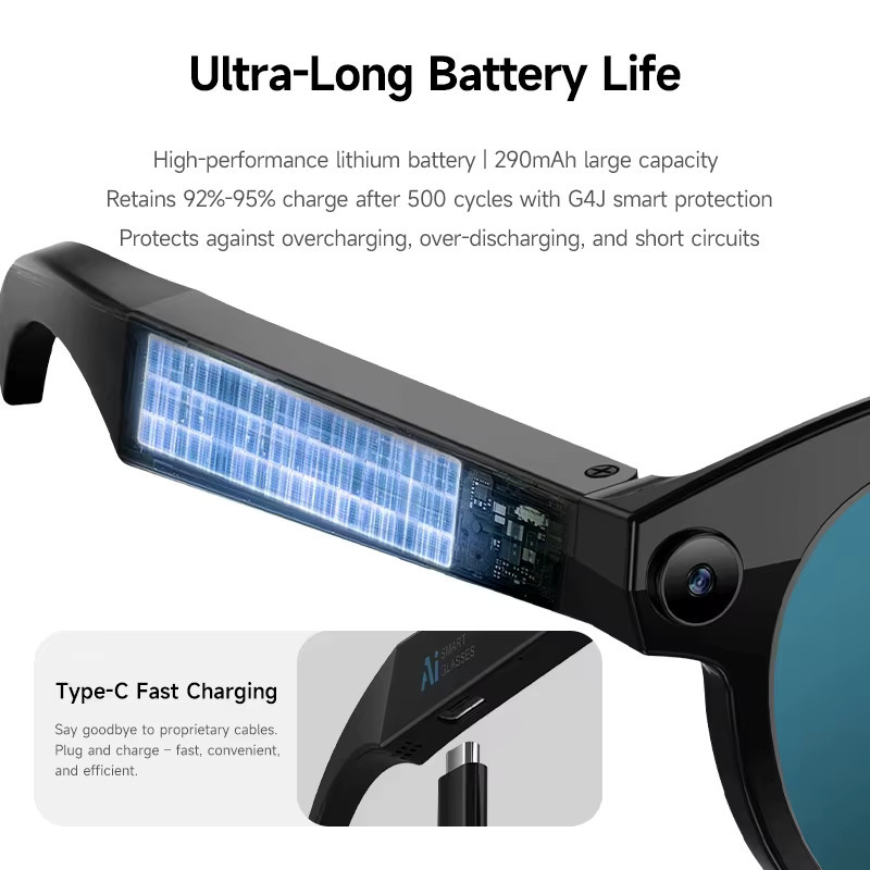 XMSJ KI-Smart-Brille in Schwarz mit HD Foto-Video-Aufnahme, Sprachassistent, Bluetooth-Anrufen und Musikfunktion - Bild 4