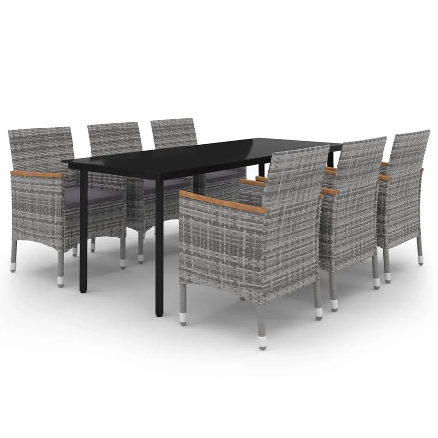 vidaXL 7-teilige Garten-Essgruppe aus Poly Rattan und Glas in Grau mit Kissen und Akazienholz-Elementen - Bild 2