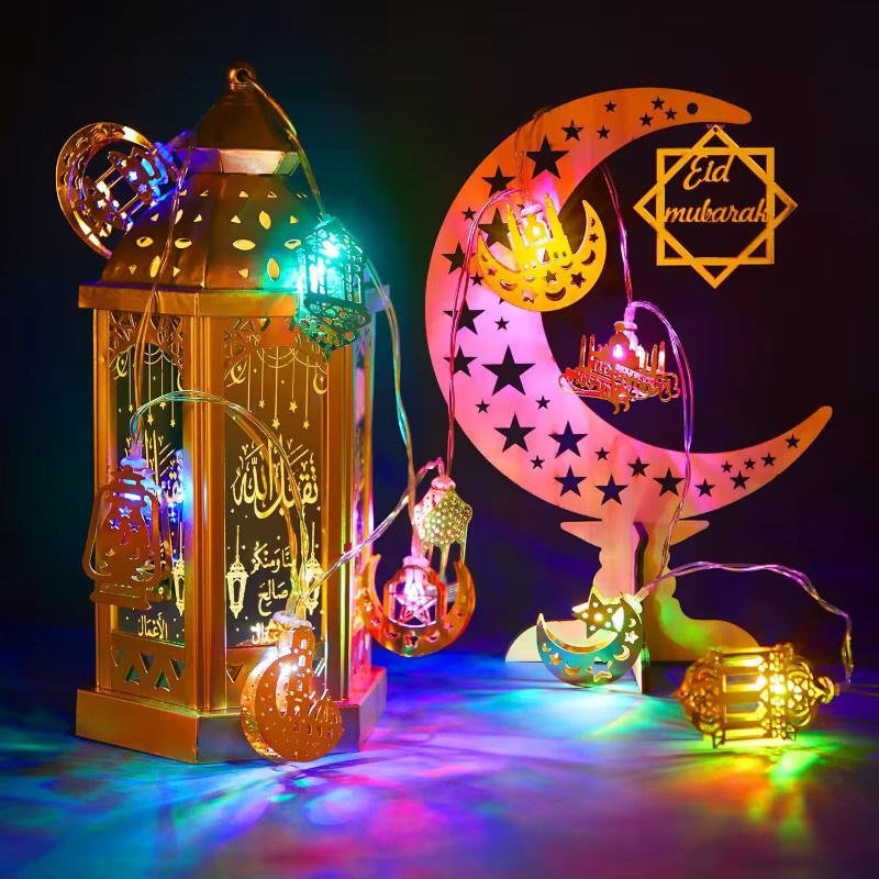 LED Lichterkette Ramadan Eid Mubarak mit Mond, Stern und Moschee-Motiv in Gold/Messing, Batteriebetrieben, Länge: 1,65 m - Bild 2
