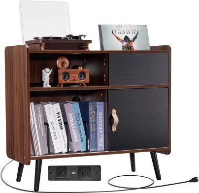 VEVOR Plattenspielerständer aus Massivholz mit Steckdose und Vinyl-Aufbewahrung, Vintage Design, Braun, B/T/H: 87,0 x 77,5 x 36,5 cm - Bild 1