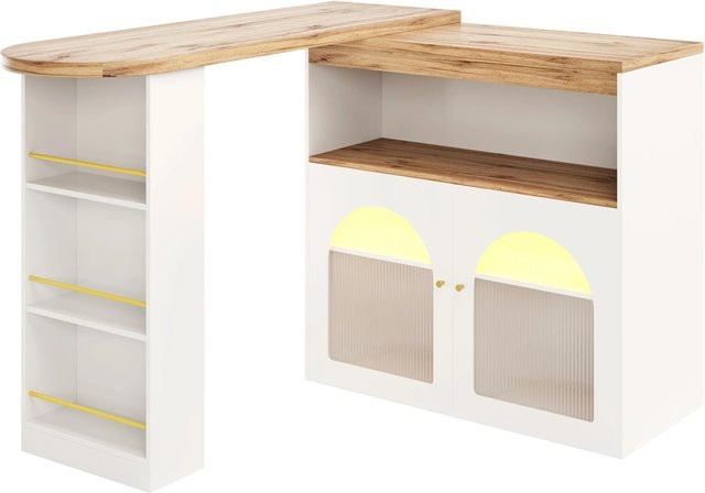 okwish Bartisch mit LED Beleuchtung und Stauraum, ausziehbar, Weiß, B: 138-193 cm, T: 39 cm, H: 105 cm - Bild 1