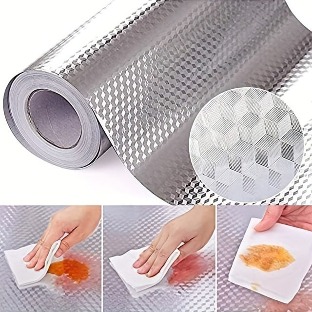 Selbstklebende Küchen-Tapete von Wokhome in Silber, Ölbeständige und Wasserdichte Aluminiumfolie mit geometrischem Muster für Arbeitsplatten, Schubladen und Schränke - Bild 1