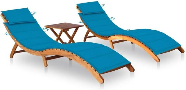 vidaXL Sonnenliegen Set aus Akazienmassivholz mit Tisch und blauen Auflagen - Bild 1