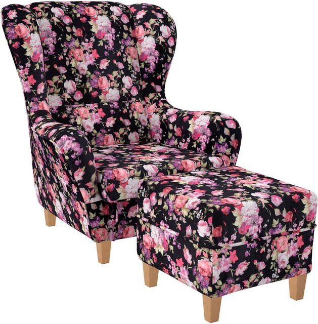 Supellex Sofia Ohrensessel mit Hocker aus Samt-Velours im Patchwork-Rosenmuster in Multicolour - Bild 1
