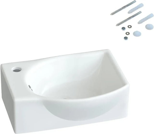 Aquabatos Aufsatzwaschbecken aus Keramik in Weiß mit Überlauf und Wasserhahnloch, B/T/H: 40,5 x 28 x 12 cm - Bild 1