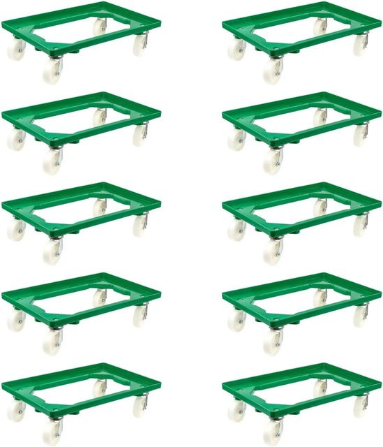 PROREGAL SparSet 10x Transportroller für Euroboxen, Farbe: Grün, mit Kunststoffrädern, offenes Deck, 2 Lenkrollen und 2 Bremsrollen, Traglast 300 kg, B/T: 60 x 40 cm - Bild 1