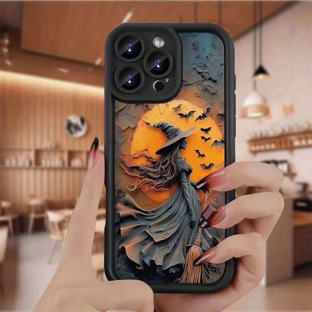 Potdemiel Flüssigsilikon Schutzhülle Glowing Moonlight Broom Witch Bat für iPhone 17 Air 16 15 14 13 12 11 Pro Max Mini Plus, Multicolor - Bild 1