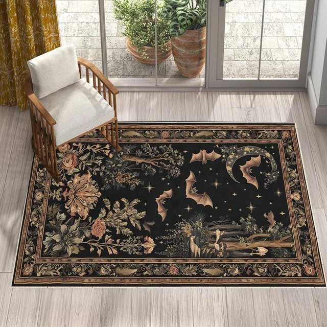 HGHT Gothic Teppich mit Fledermaus und Wald Design in Schwarz, Breite: 60 cm, Länge: 90 cm - Bild 1