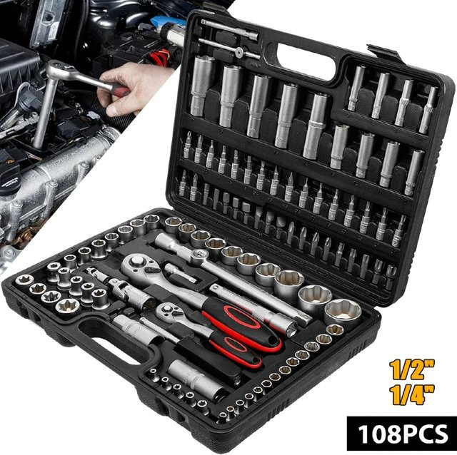 LONENESSL 108-teiliges Ratschen-Steckschlüssel-Set in Schwarz und Silber mit 1/4 Zoll Ratschenschlüssel, Drehmomentschlüssel-Kombi-Set und Schraubendreher-Bits für die Autoreparatur - Bild 1