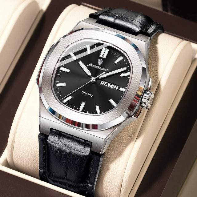 POEDAGAR Armbanduhr, Quarz, Leder, Schwarz, Silber, Herren - Bild 1