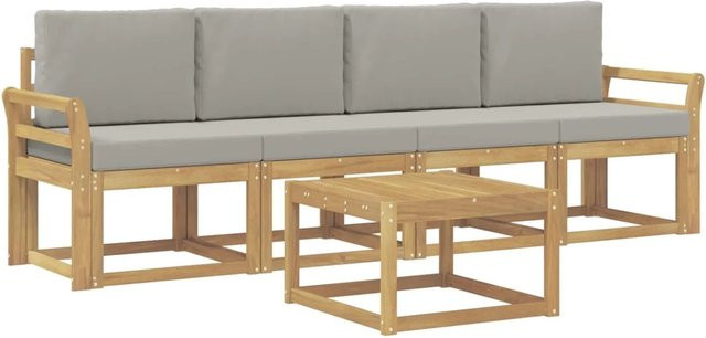vidaXL Outdoor-Sofagarnitur 5-teilig aus Akazienholz mit Polstern in Weiß und Hellgrau, B/T/H: 59 x 59 x 37 cm - Bild 1