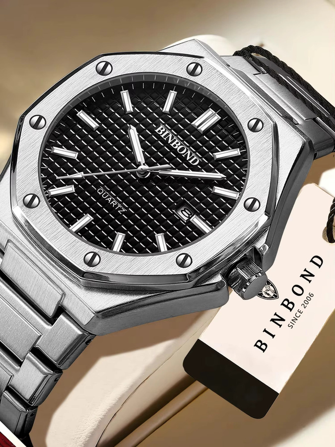 BINBOND Armbanduhr Quarz, Edelstahl, Schwarz, Silber, Herren - Bild 6