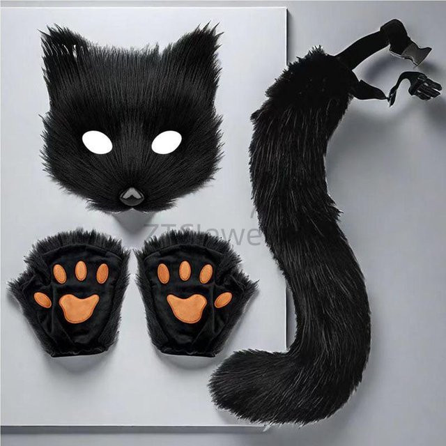YIRAN Cosplay Kostüm Set, Plüsch Maske, Pfoten Handschuhe, Weiß - Bild 1