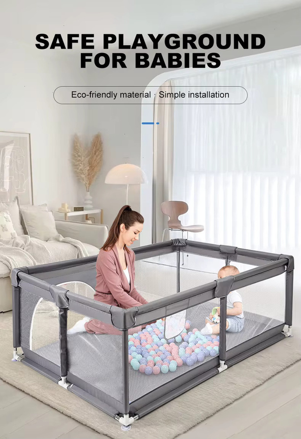 Tragbarer Baby-Laufstall und Spielzaun aus Edelstahl in Grau mit Mesh-Einsätzen, Höhe: 66 cm - Bild 2