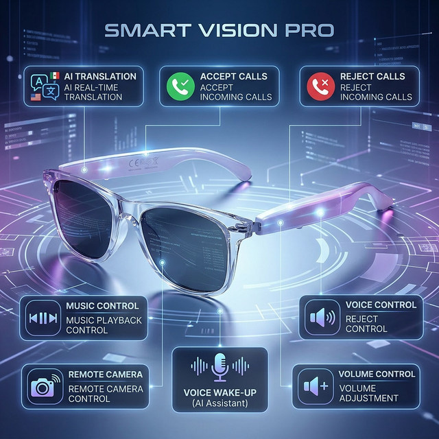 SENBONO Smart Audio Brille mit KI-Übersetzung für über 100 Sprachen, Bluetooth-Funktion für Anrufe und Musikwiedergabe, Sonnenbrille in Schwarz und Transparent - Bild 1