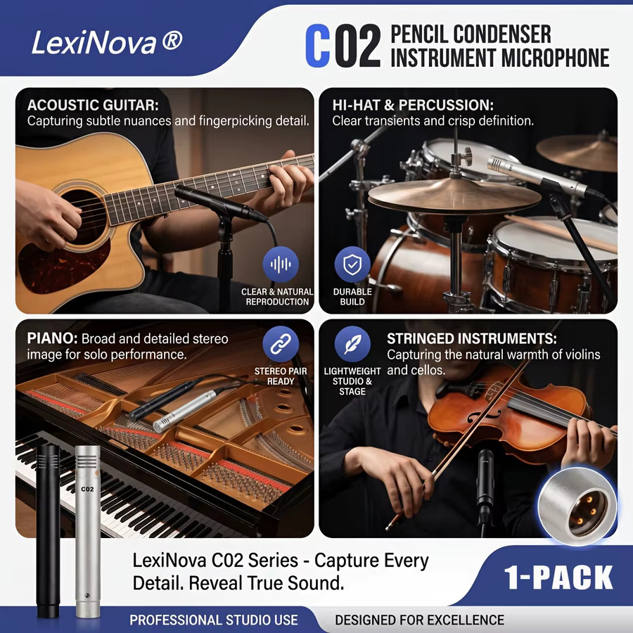LexiNova C02 Kondensator-Stiftmikrofon mit kleiner Membran in Silber für Gitarre, Klavier, Violine und Saxophon in Studio und Bühne - Bild 5