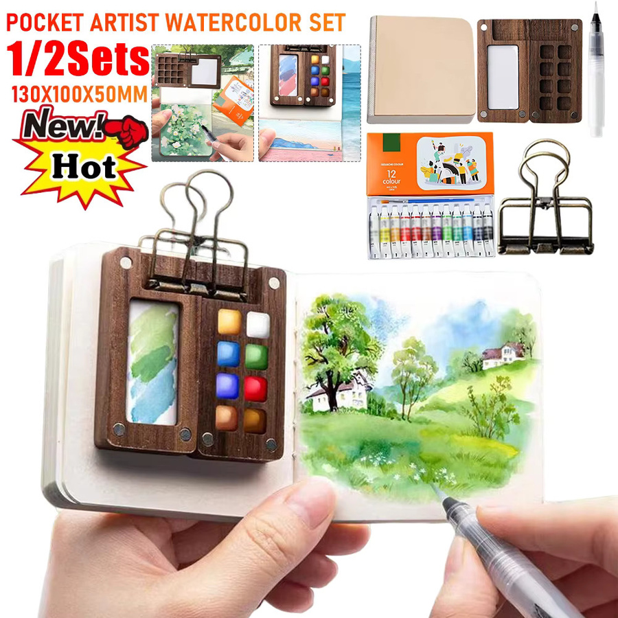 APWIKOGER Mini-Reisepalette aus Holz mit Clip und Aquarelltasche, 8/15 Gitter, Braun - Bild 2
