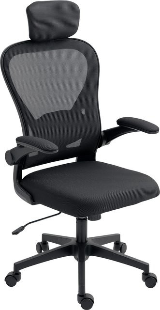 HOMCOM Ergonomischer Bürostuhl mit hochklappbaren Armlehnen, Kopfteil und verstellbarer Lendenwirbelstütze, Drehstuhl mit Wippfunktion in Schwarz - Bild 1