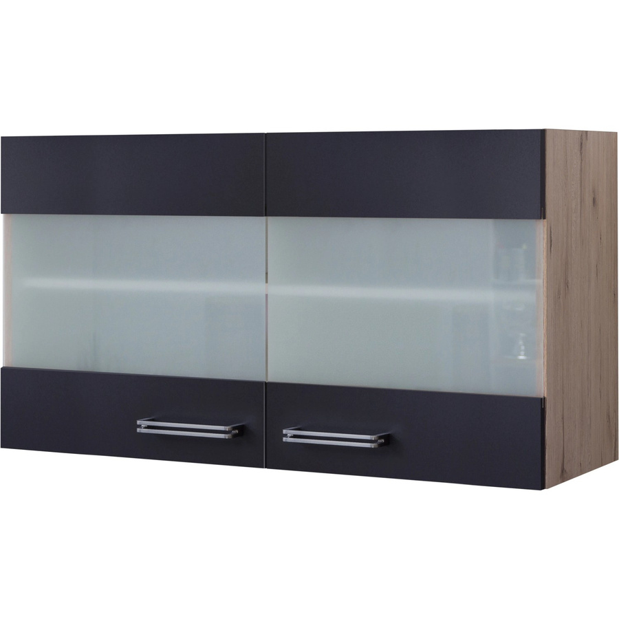 Flex-Well Küchen-Glas-Hängeschrank mit 2 Glas-Drehtüren in Anthrazit und Eiche hell, B/T/H: 100 x 32 x 54,8 cm - Bild 2
