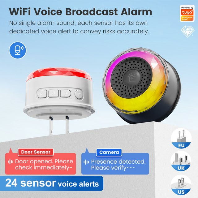 iHseno Smarte WLAN-Sirene in Weiß mit Lichtalarm und Unterstützung für Tuya Smart Life App inklusive Vibrations-, CO-, VOC- und PIR-Bewegungsmelder - Bild 1