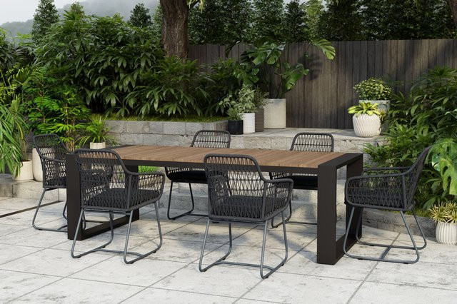 OUTFLEXX Kona/Verona Garten-Essgruppe aus Aluminium, recyceltem FSC-Teakholz und Kunststoffgeflecht in Anthrazit/Dunkelgrau mit 6 Sesseln, Tisch Breite: 240 cm, Tiefe: 100 cm - Bild 1
