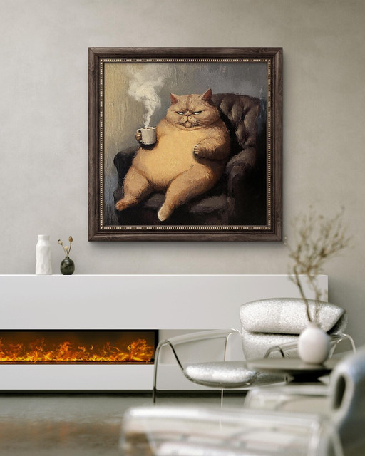 Wandbild von SHENCHEN im Renaissance-Stil mit einer mürrischen gelben Katze in einem Sessel, humorvolles Ölgemälde als quadratisches Holzbild in Mehrfarbig - Bild 1