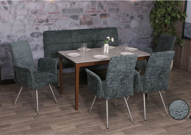 MCW Esszimmer-Set G55 mit 4 Stühlen mit Armlehnen und einer Sitzbank, Farbe Blau-Grün, Material Chenille und Edelstahl gebürstet, Breite der Sitzbank: 160 cm - Bild 1