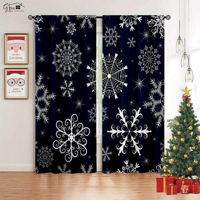 Yiran Furniture Weihnachtsvorhänge mit 3D-Druck Motiv Weihnachtsmann und Schneeflocken, 2er-Set aus Polyester, halbtransparent, Breite: 50 cm, Höhe: 130 cm - Bild 1
